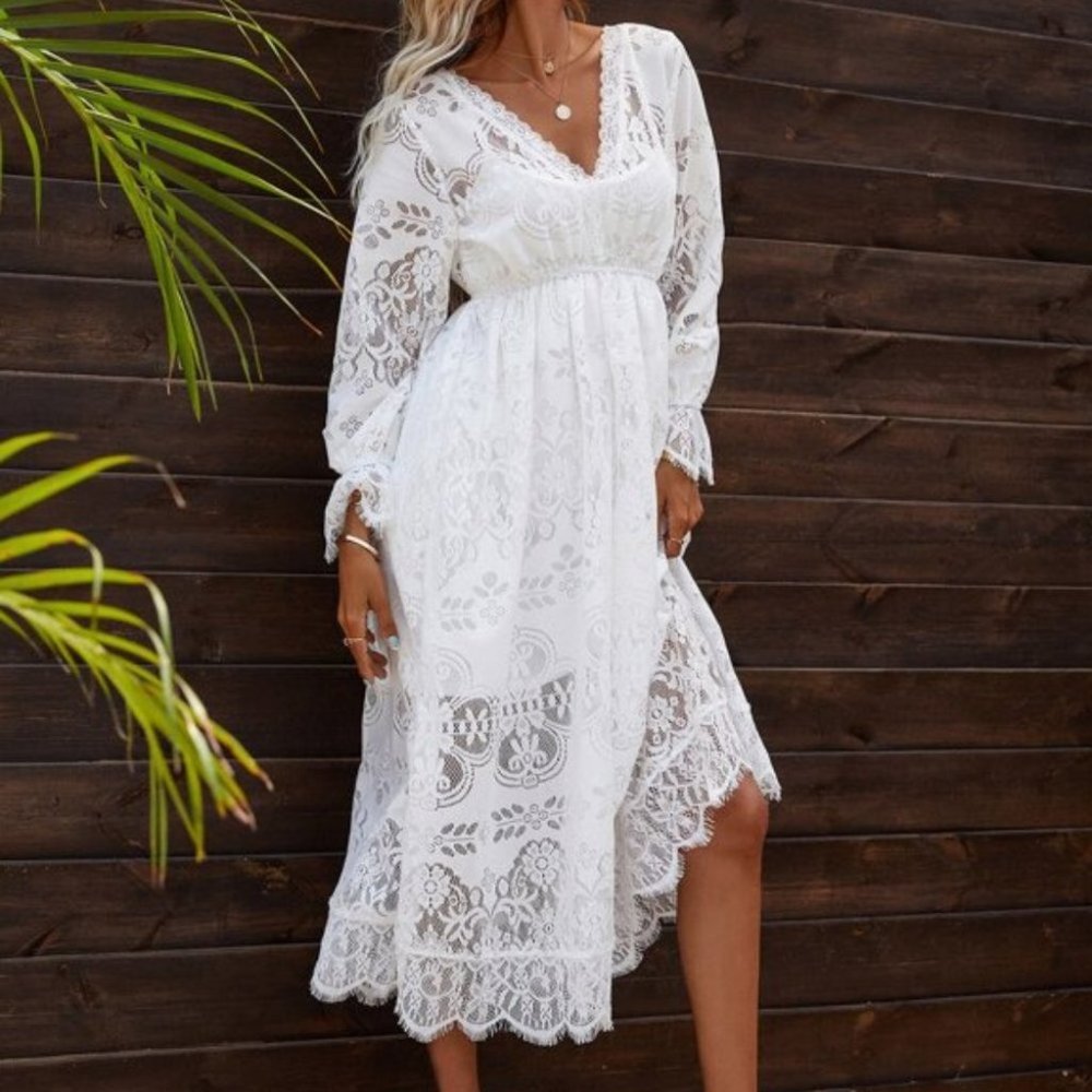Boho Beauty All over Lace Flounce Sleeve maxi Dress - Picture 3 of 16